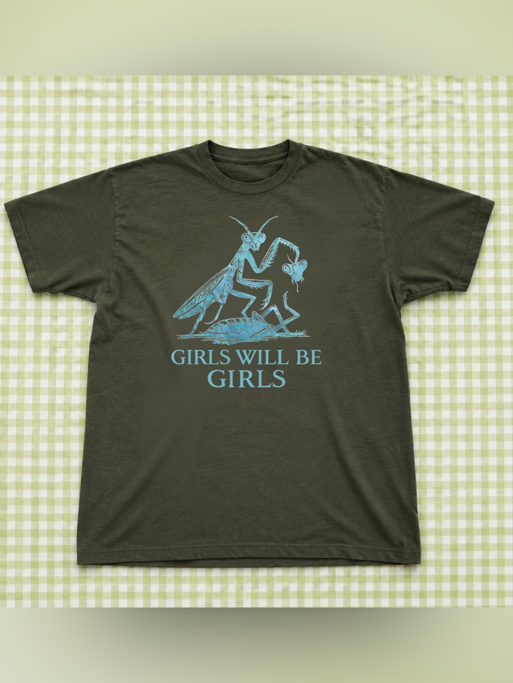 Girls Will Be Girls Graphic Tee - Forest Green with Blue Print Style Retro